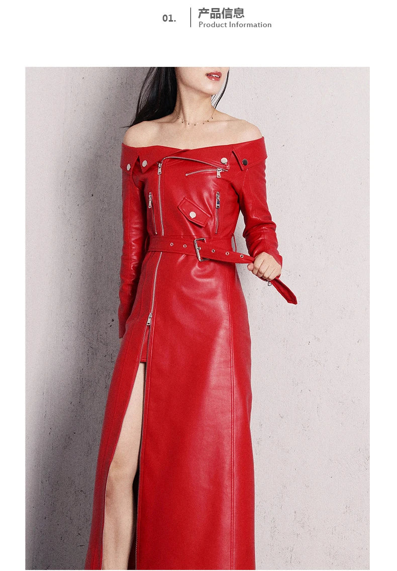 Women’s PU Leather Maxi Dress – Red/Black Slash Neck Elegant Spring Autumn Outfit