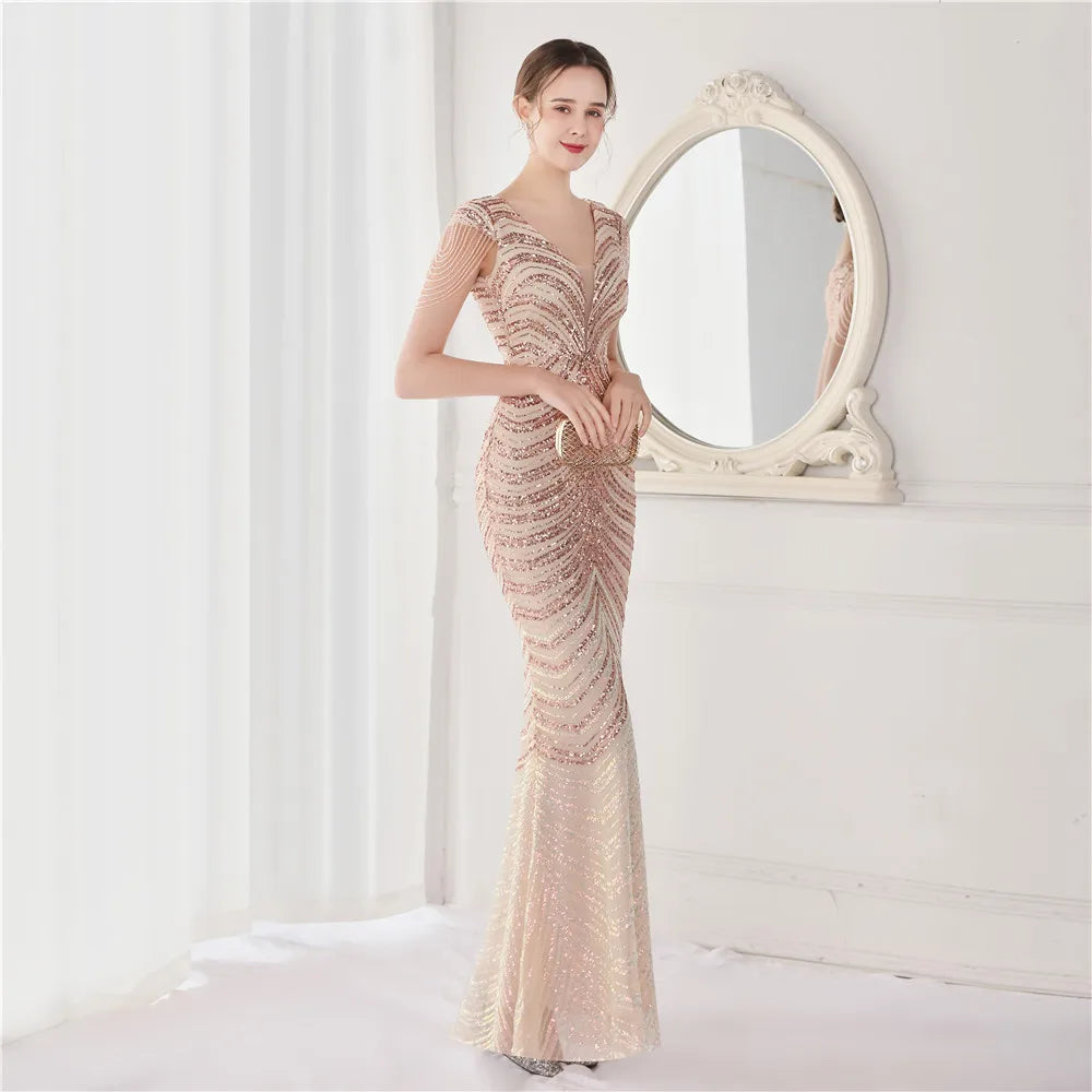 Glamorous Beaded Mermaid Evening Dress – Elegant V-Neck Silhouette for Women