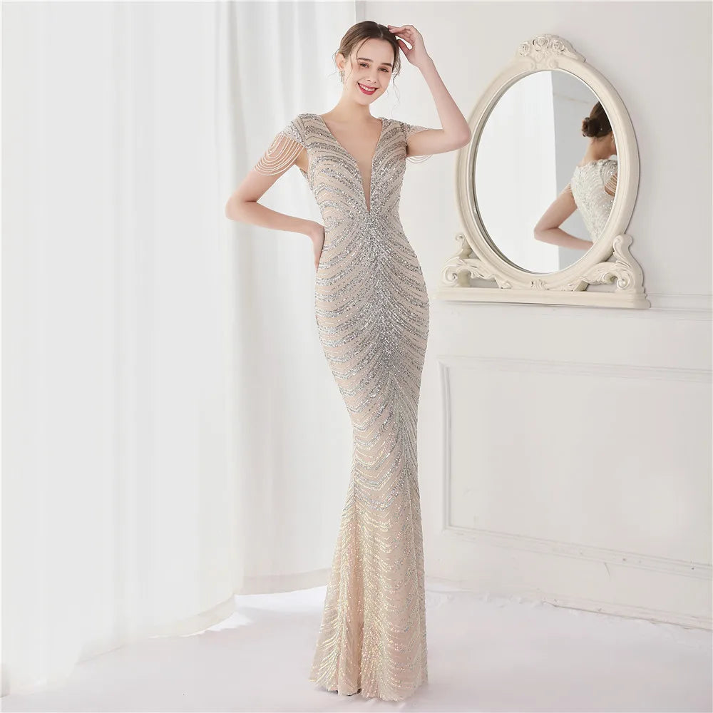 Glamorous Beaded Mermaid Evening Dress – Elegant V-Neck Silhouette for Women
