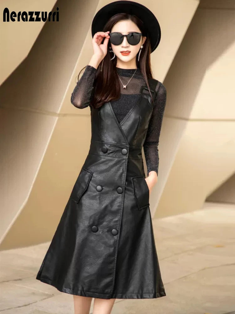 Women’s Summer PU Leather Midi Dress – Elegant Strap Dress Korean Fashion