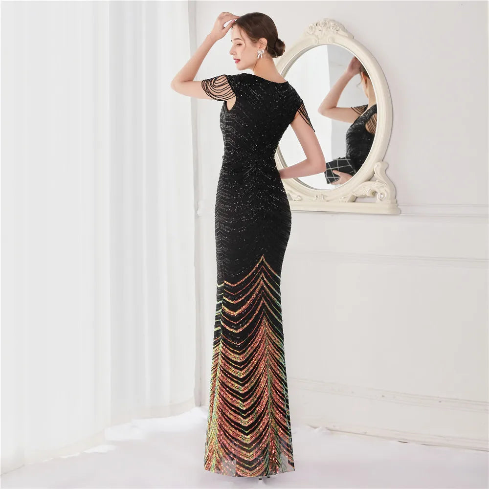 Glamorous Beaded Mermaid Evening Dress – Elegant V-Neck Silhouette for Women
