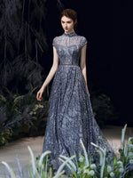 Shiny Pearl & Sequin A-Line Dress – Luxury Blue Formal Gown