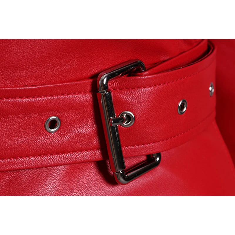 Women’s PU Leather Maxi Dress – Red/Black Slash Neck Elegant Spring Autumn Outfit