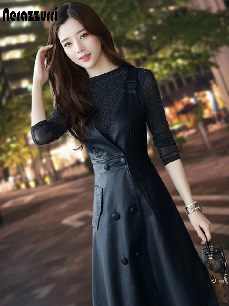 Women’s Summer PU Leather Midi Dress – Elegant Strap Dress Korean Fashion