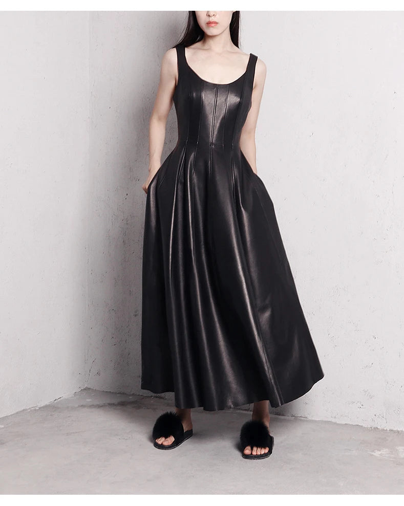 Women’s Luxury Faux Leather Maxi Dress – Lautaro Elegant Fit & Flare Retro Style