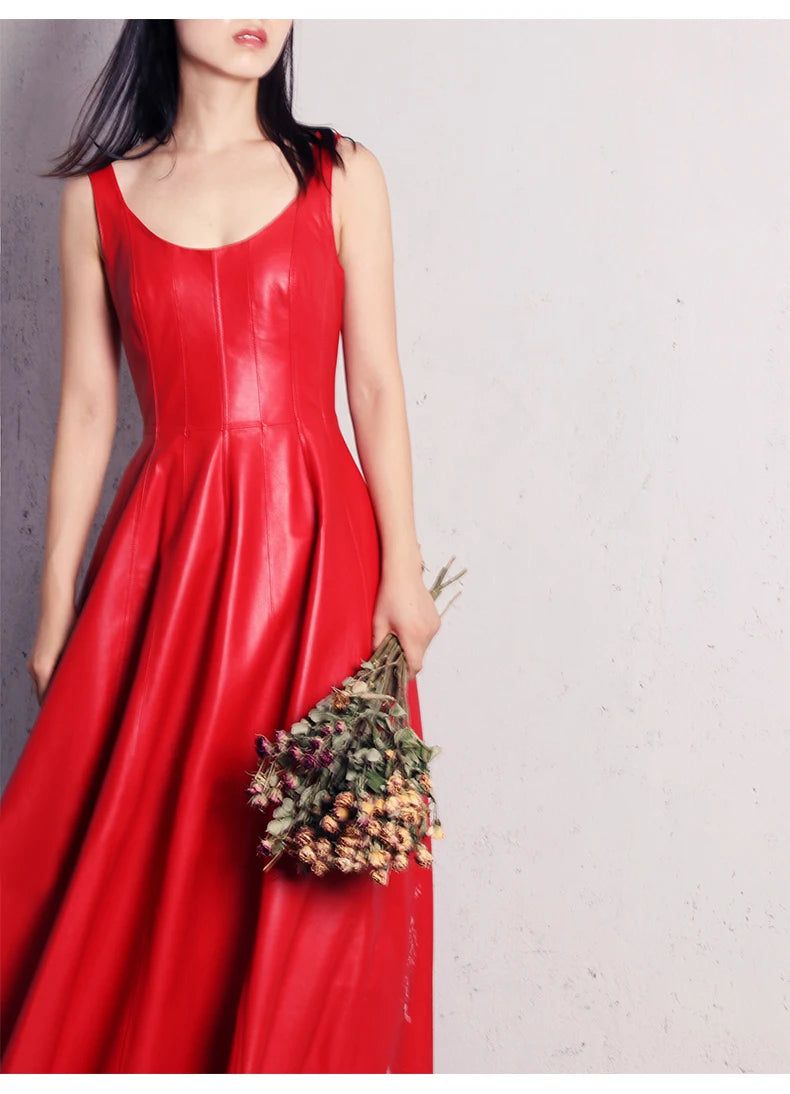 Women’s Luxury Faux Leather Maxi Dress – Lautaro Elegant Fit & Flare Retro Style
