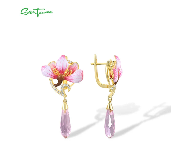 Romantic Floral Drop Earrings – Pink Crystal & White CZ by SANTUZZA