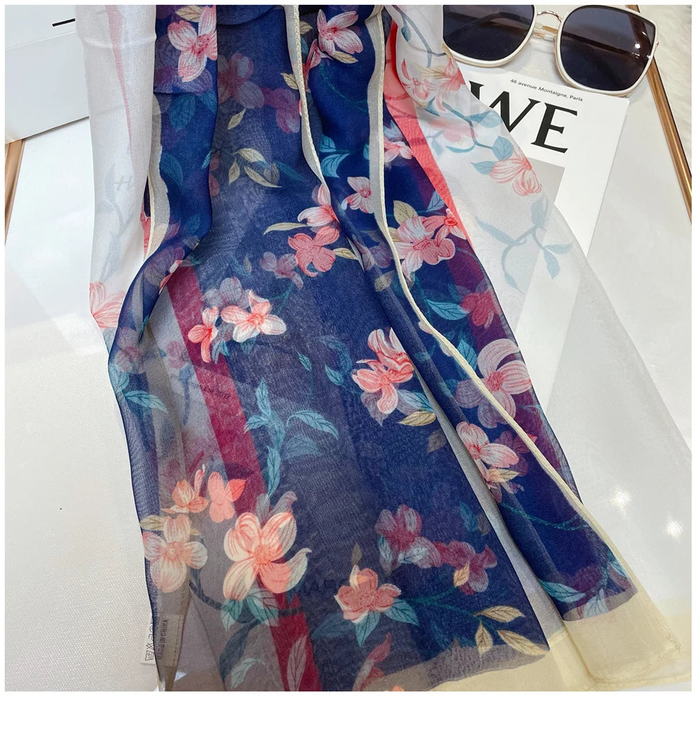 Luxury 100% Silk Shawl – Elegant Blue Scarf Cape C255 for Spring & Summer