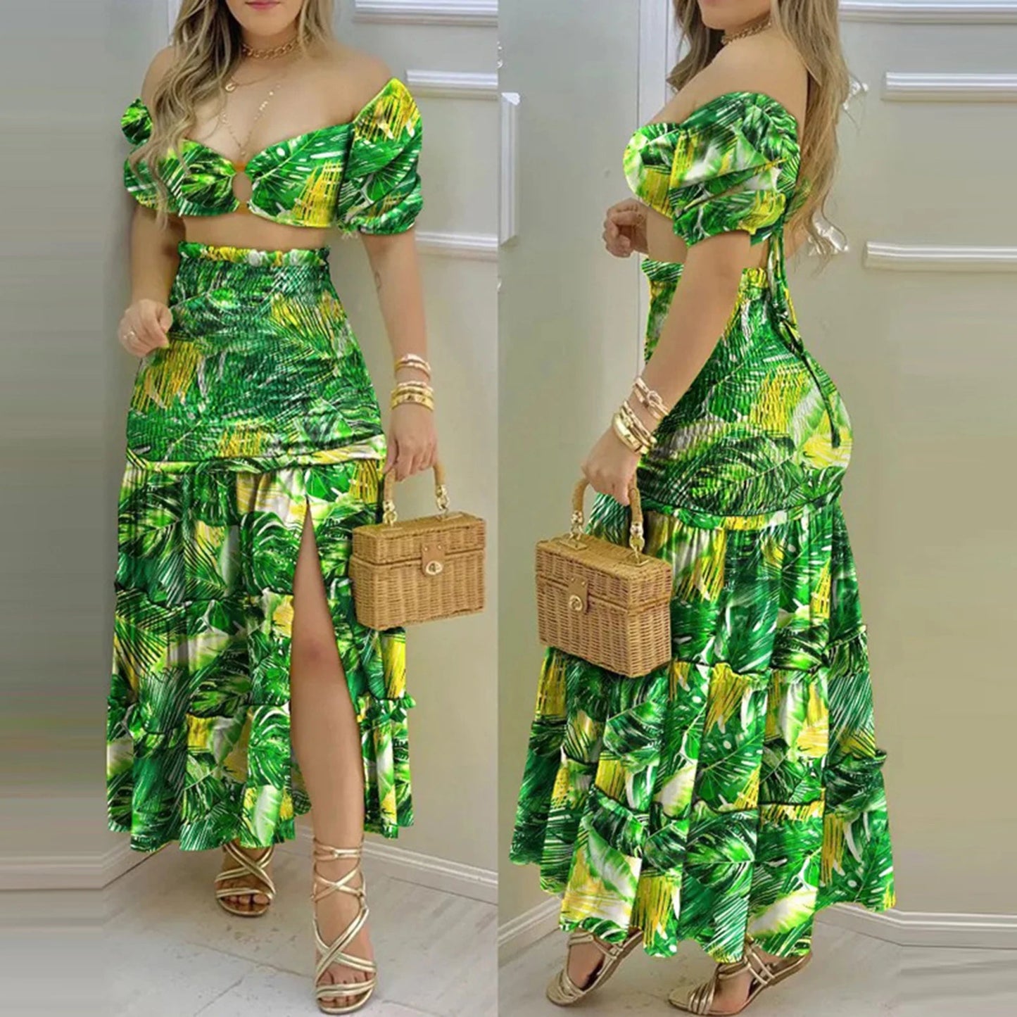 Elegant Floral Print Suit – High Waist Comfortable Dress with Slit for Women