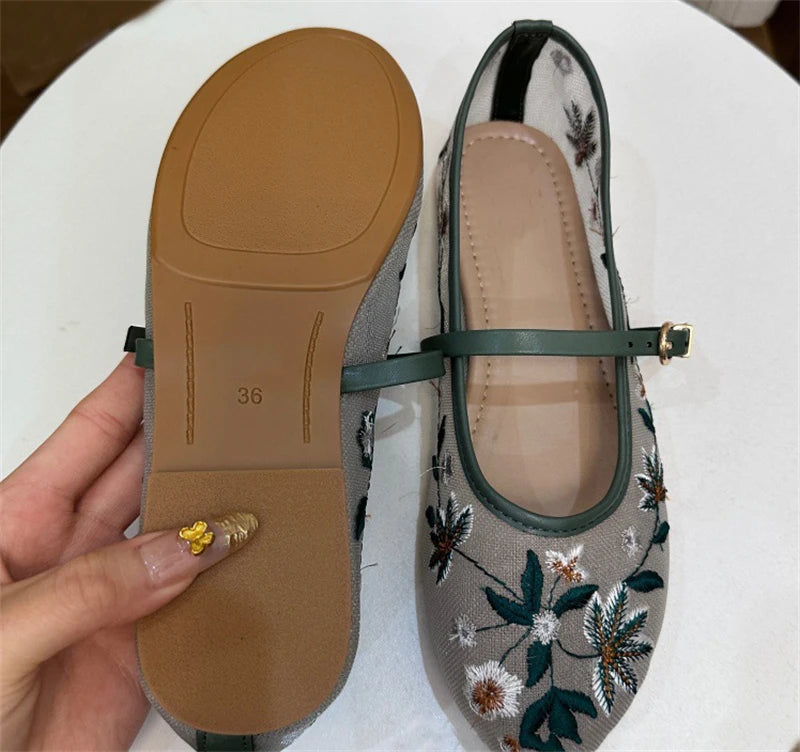 Elegant Round Toe Buckle Strap Mesh Flats – ZAROY Designer Women’s Footwear