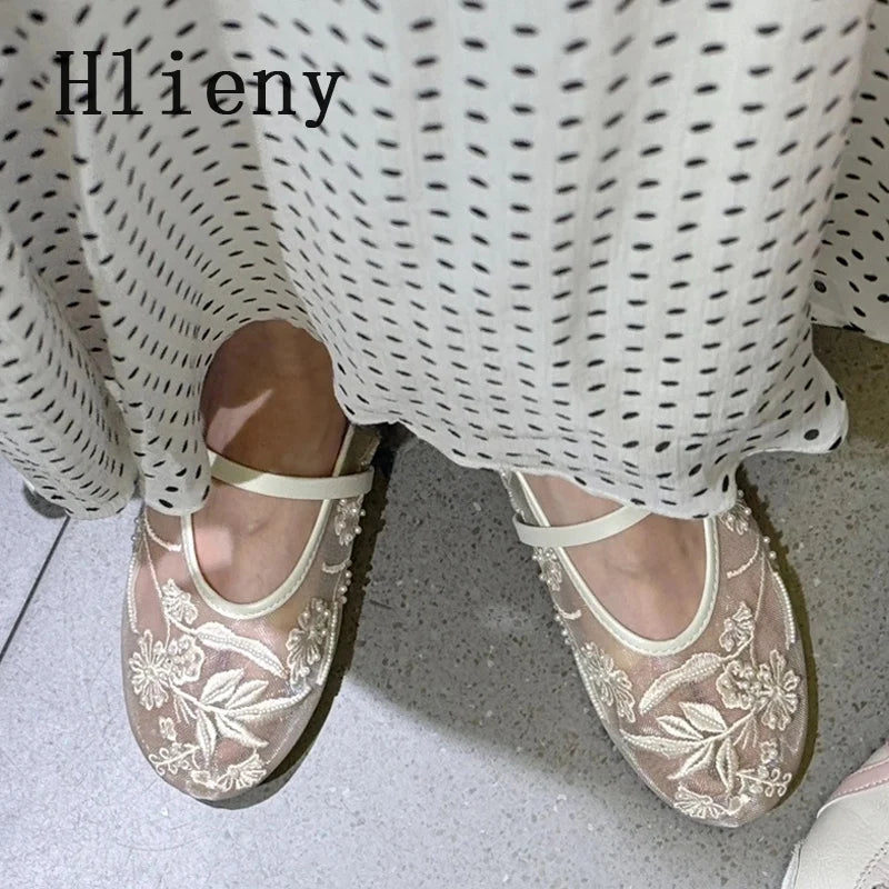 Elegant Mesh Mary Janes with Floral Embroidery & Pearls – Hlieny Loafers