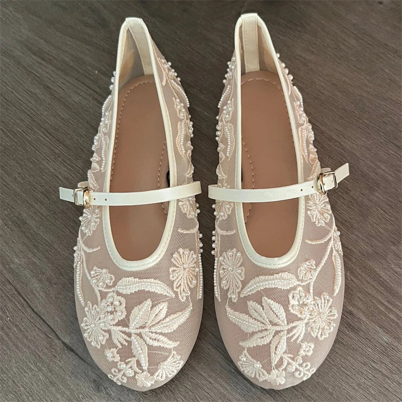 Elegant Round Toe Buckle Strap Mesh Flats – ZAROY Designer Women’s Footwear