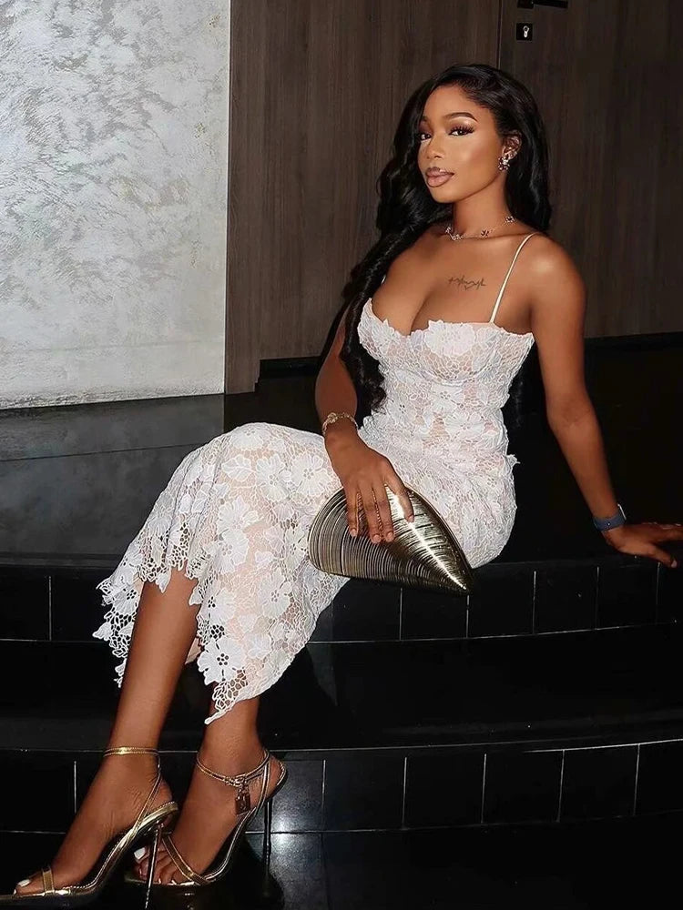 Luxe Lace Corset Midi Dress – TRAF Strappy Backless Partywear