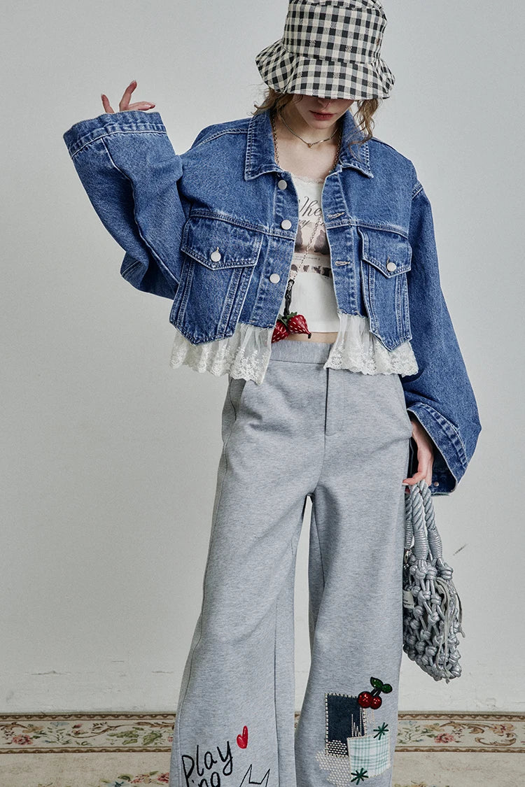 Women’s Vintage Y2K Lace Stitch Short Denim Jacket – ELFSACK Spring Edit