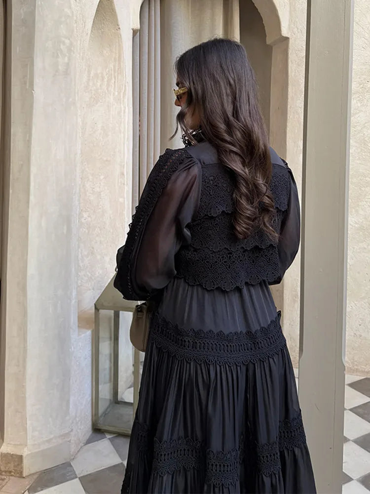 Elegant Hollow Out Floral Maxi Dress with Lantern Sleeves