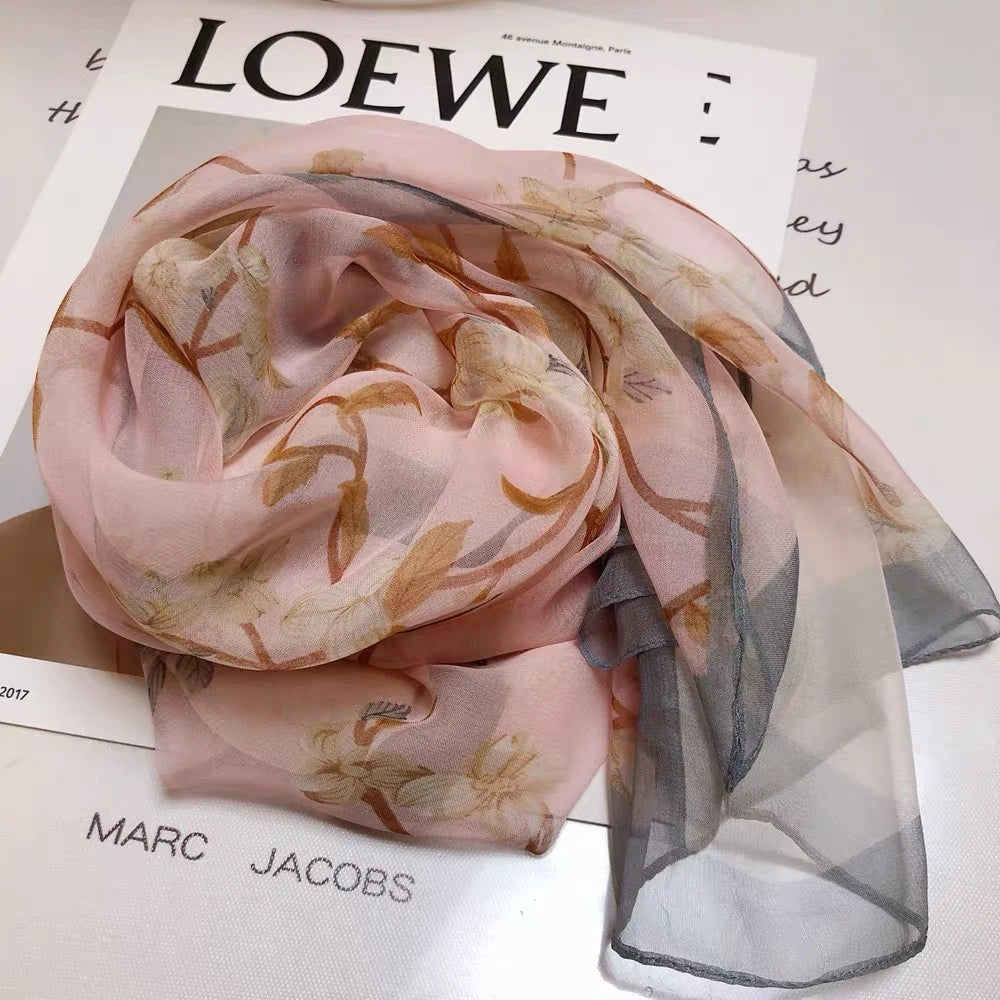 Luxury 100% Silk Shawl – Elegant Blue Scarf Cape C255 for Spring & Summer