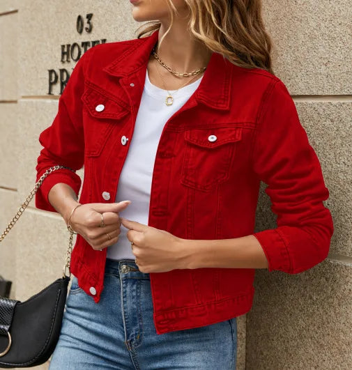 Trendy Women's Short Denim Jacket – Lapel Collar & Pocket Detail