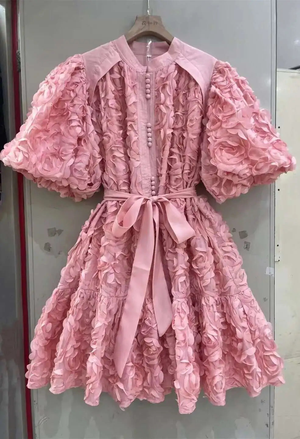 Blooming Grace – 3D Floral Bubble Sleeve Evening Dress