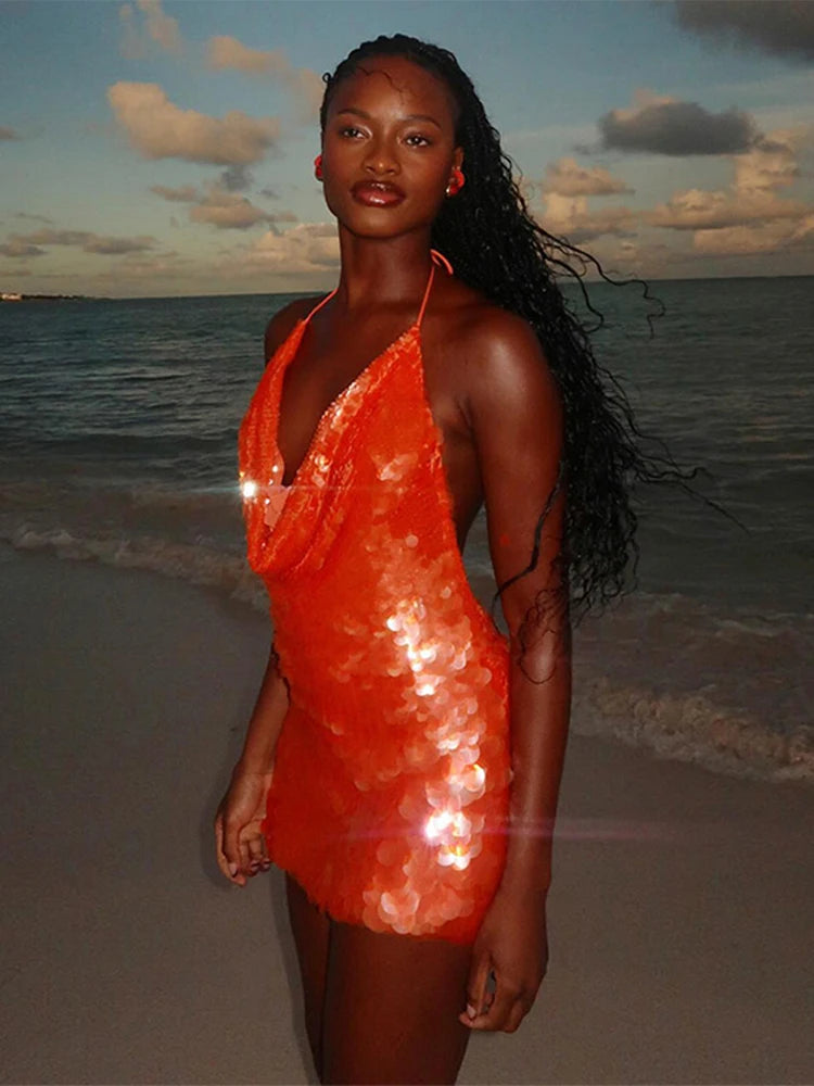 Glam Halter Sequin Mini Dress – Backless Summer Party Chic