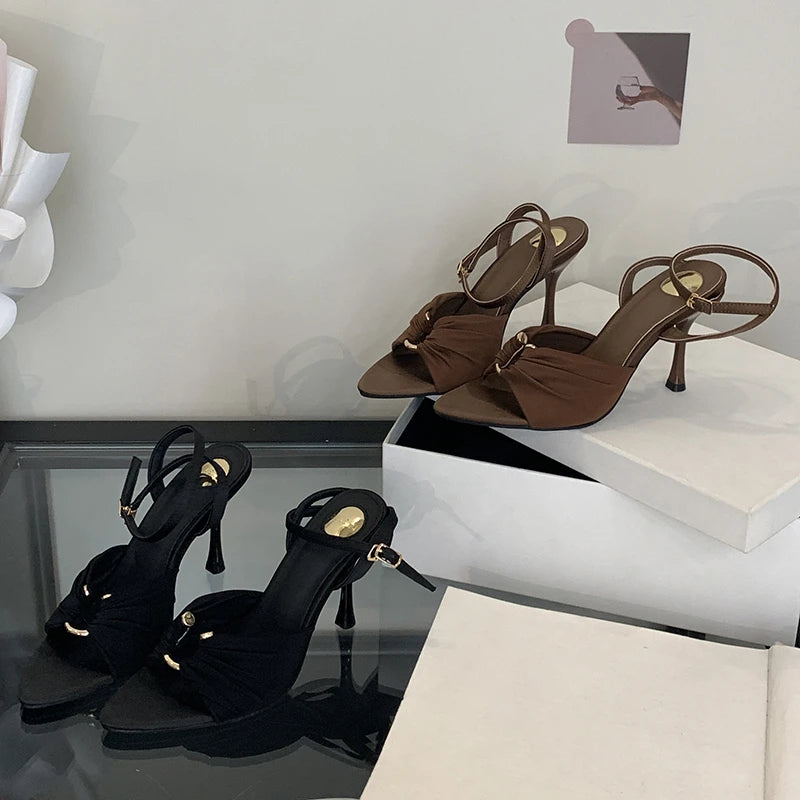 Aneikeh Elegant Pointed Toe High Heel Mules – Pleated Design Sandals