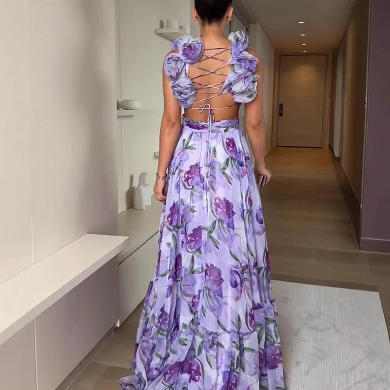 Floral Chiffon Ruffle Swing Dress – Sexy V-Neck Hollow Backless Summer Dress for Women
