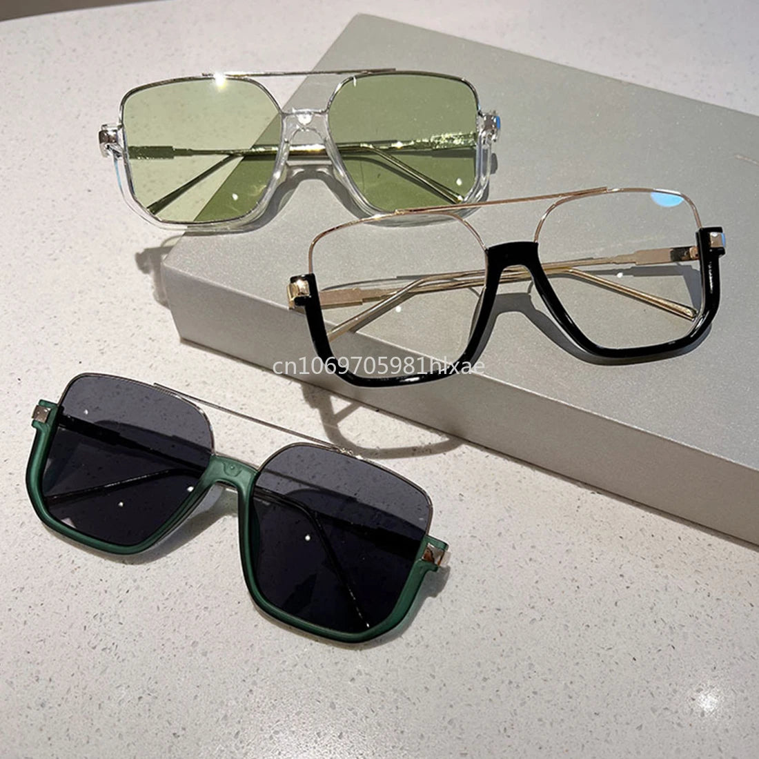 Vintage Big Square Sunglasses – Unisex Half-Metal Frame UV400 Fashion Shades