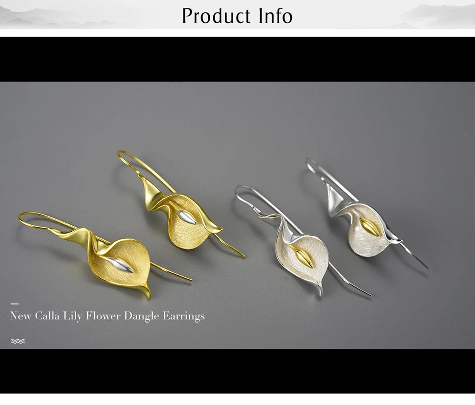 Elegant Calla Lily Earrings – Long Hanging 18K Gold & Silver Floral Jewelry