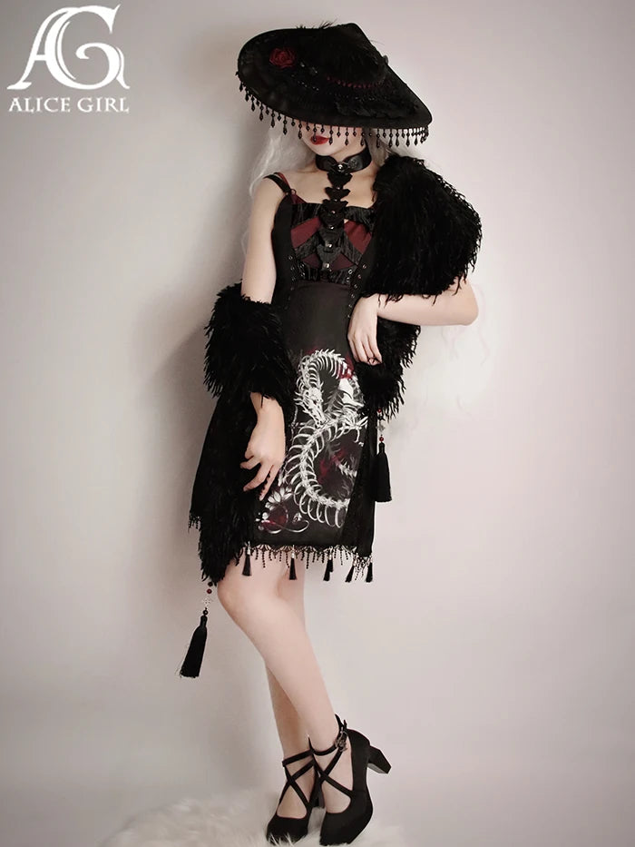 Original Alice Girl Dragon Print Dress – Light Lolita Gothic Punk Slip Dress