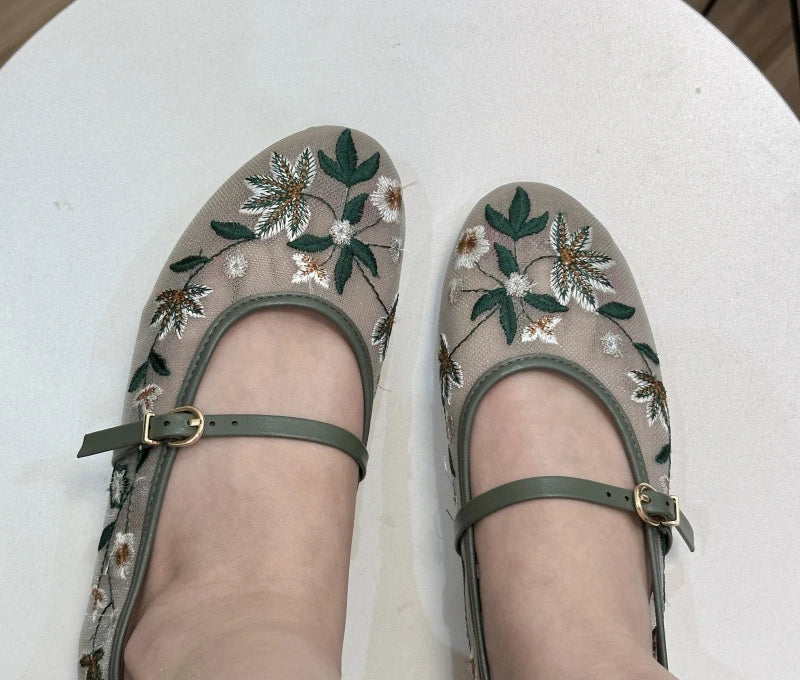 Elegant Round Toe Buckle Strap Mesh Flats – ZAROY Designer Women’s Footwear