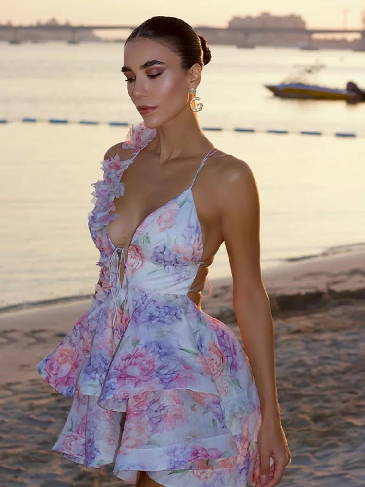 Elegant V-Neck Pleated Dress – High Waist Printed Evening Gown