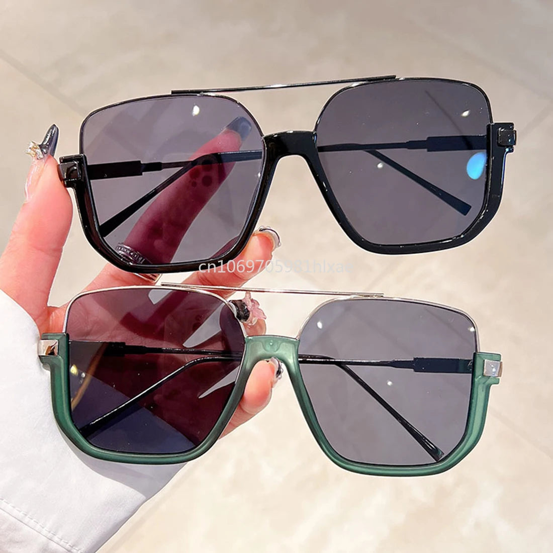 Vintage Big Square Sunglasses – Unisex Half-Metal Frame UV400 Fashion Shades
