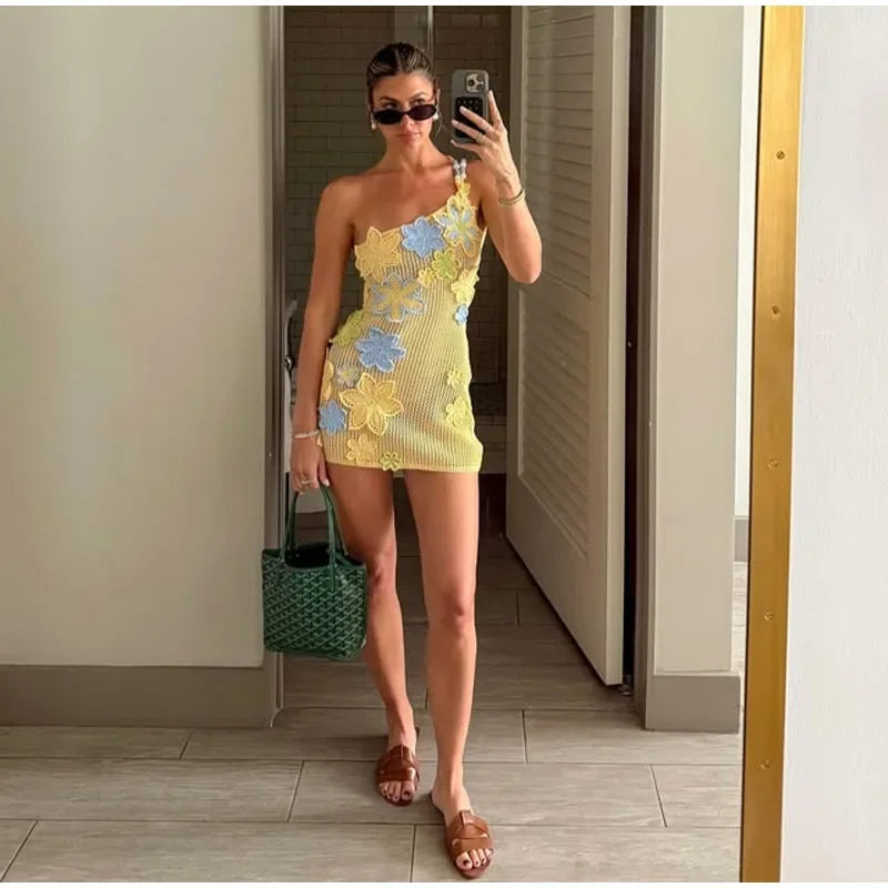 Vibrant Floral Knit Mini Dress – Sexy Hollow Out Beach Outfit