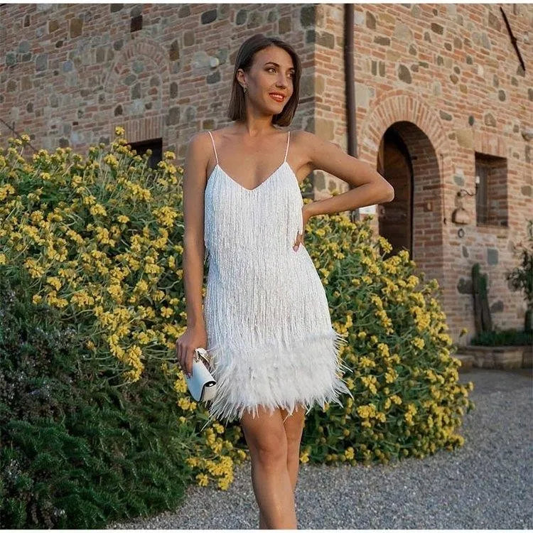 Feather Trim Sparkle Mini Dress – Club & Prom Edition