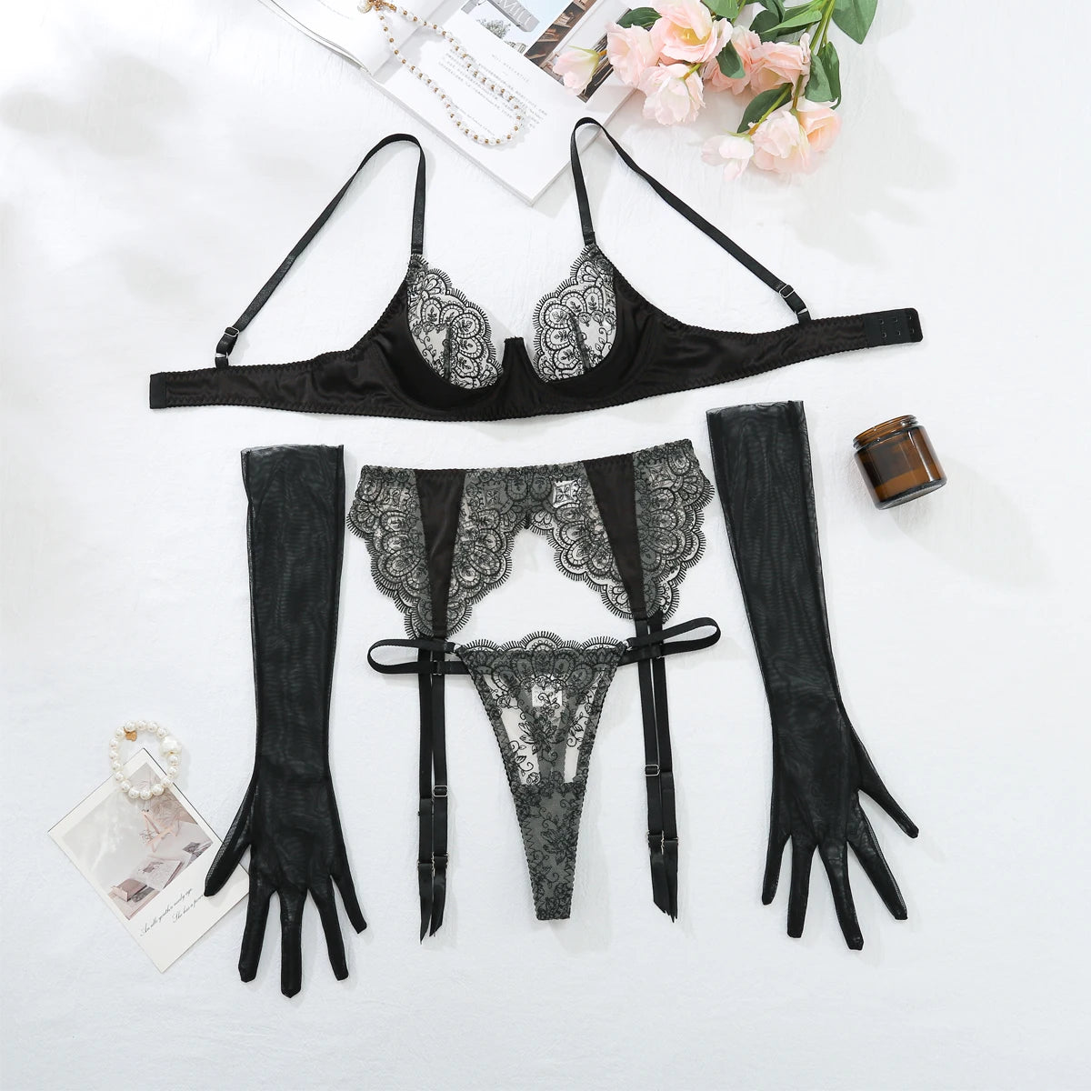 Ellolace Lace Sexy Lingerie Set With Long Glove Attractive Chest Suspenders Ensemble Lingeries Femmes Delicate Lace Underwear