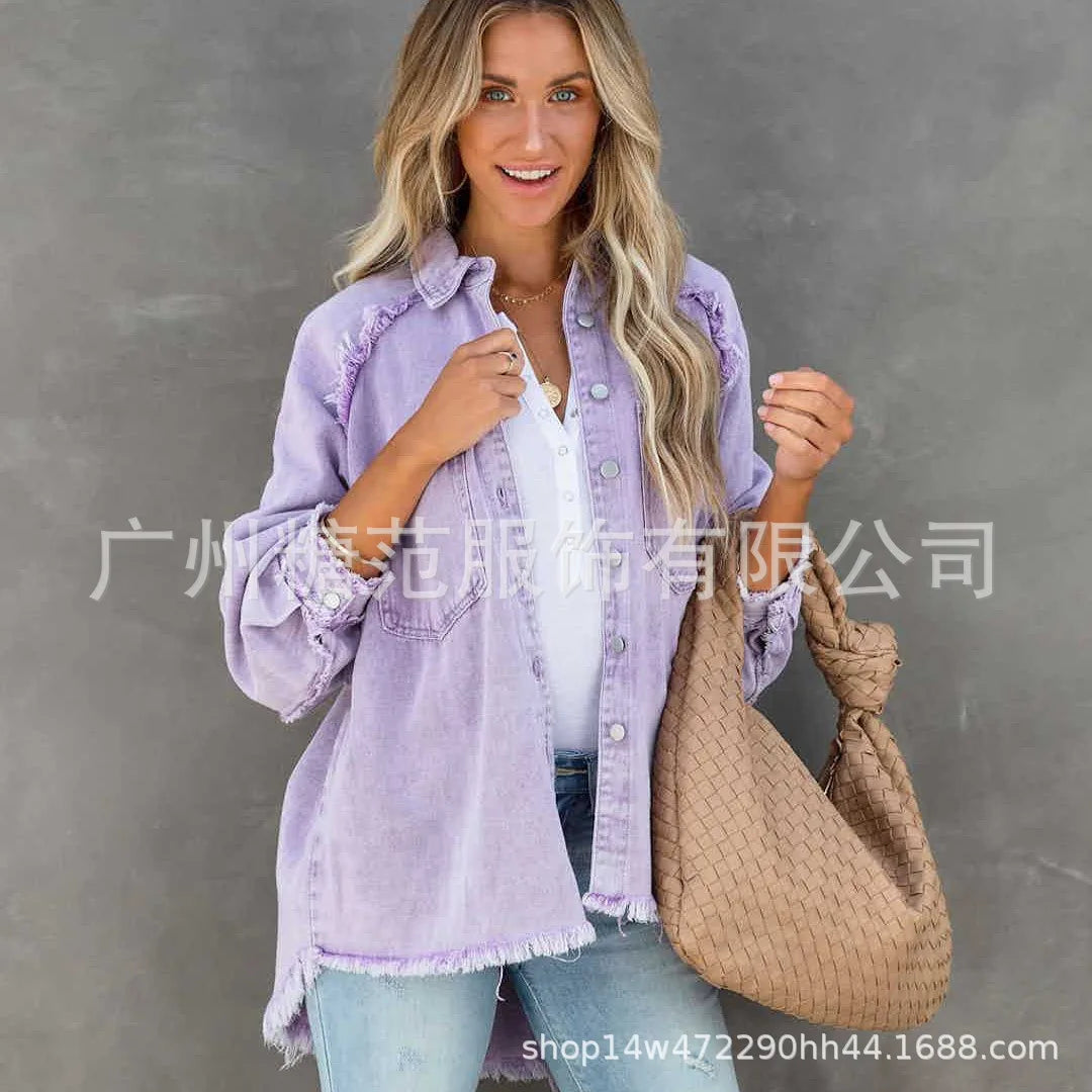 Women’s Vintage Frayed Edge Mid-Length Jean Coat – Colorful Patch Jacket