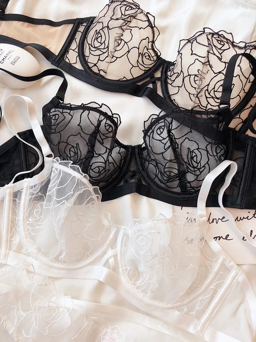 Rose Embroidery Plus Size Lingerie – Anti-Sagging Soft Steel Ring Bra Set for Women