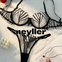 All-Season Women’s Lingerie – Black Scallop Bra & Thong with Adjustable Garters