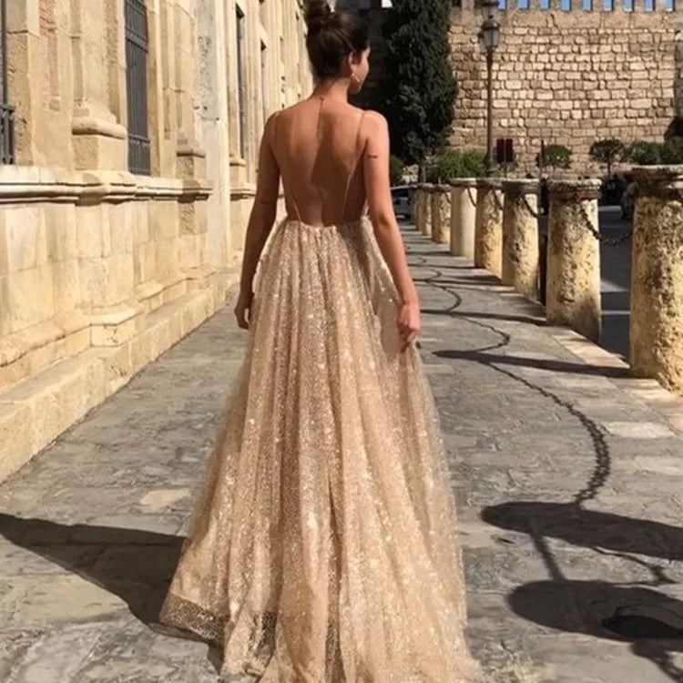 Shimmering V-Neck Sequin Maxi Dress – Elegant Suspender Party Dress