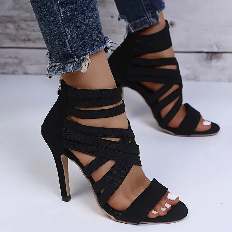 Sexy Back Zipper Peep Toe Heels – Elastic Cross Strap High Heel Sandals