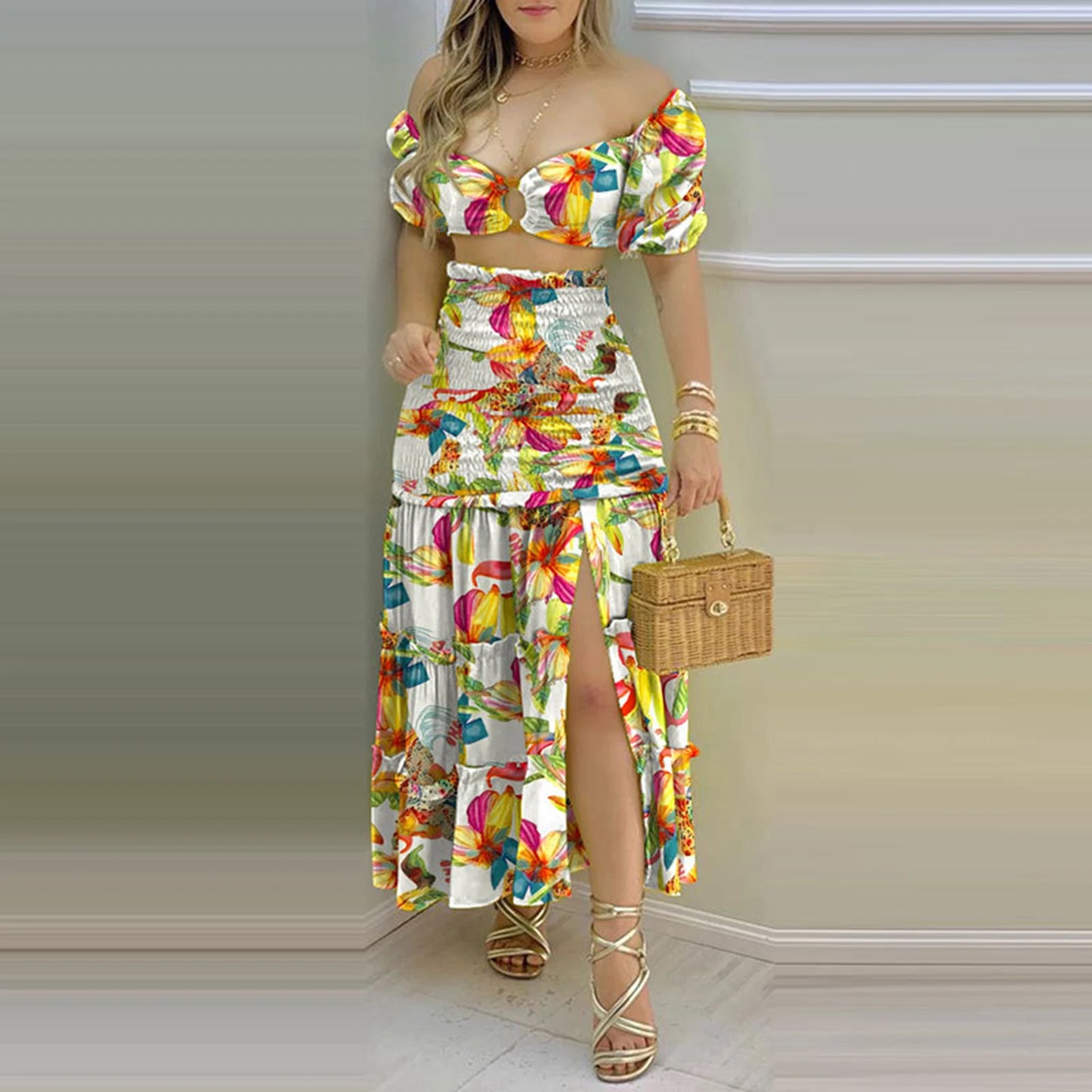 Elegant Floral Print Suit – High Waist Comfortable Dress with Slit for Women