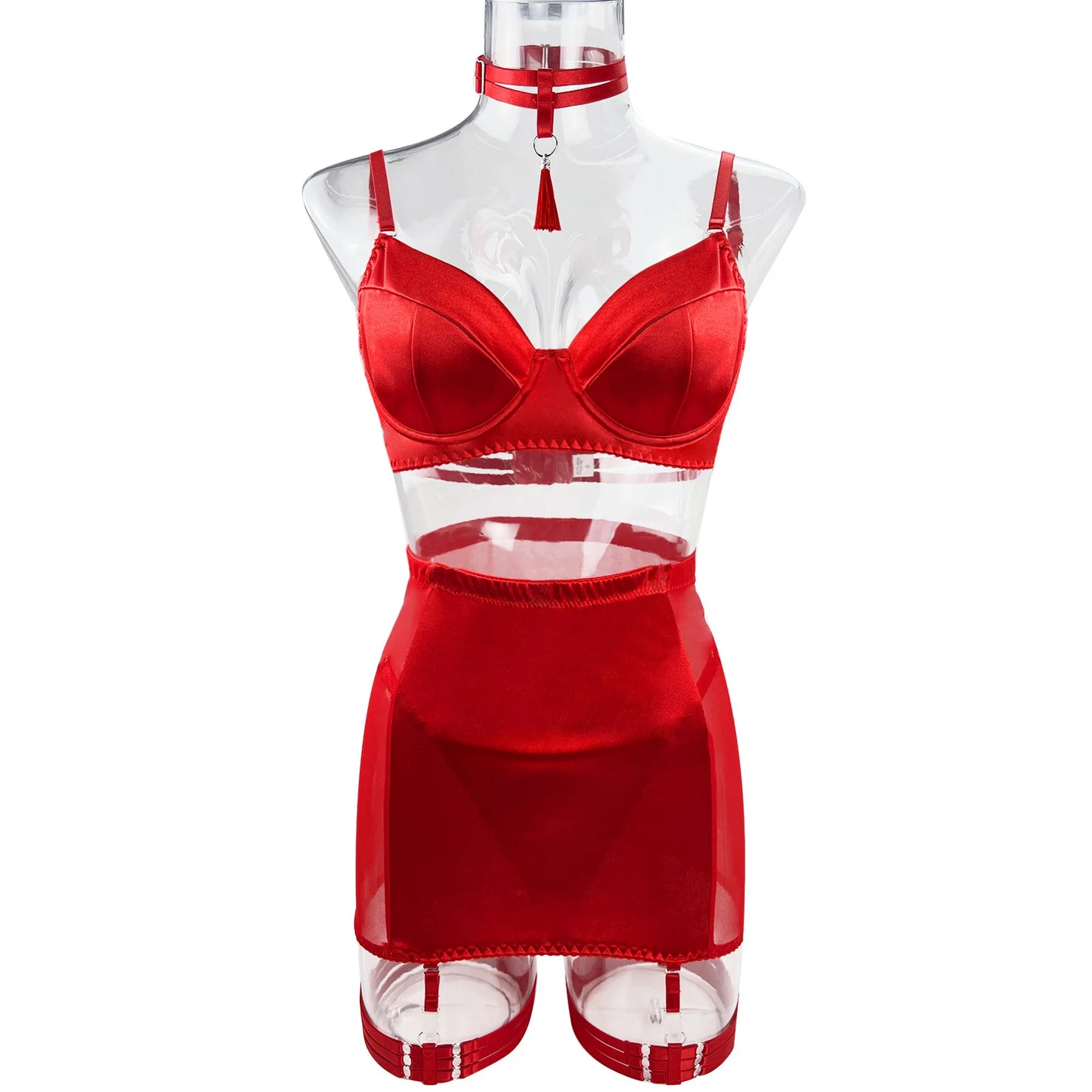 Seductive Tassel Bra & Thong Set – Satin Lace Exotic Skirt Lingerie
