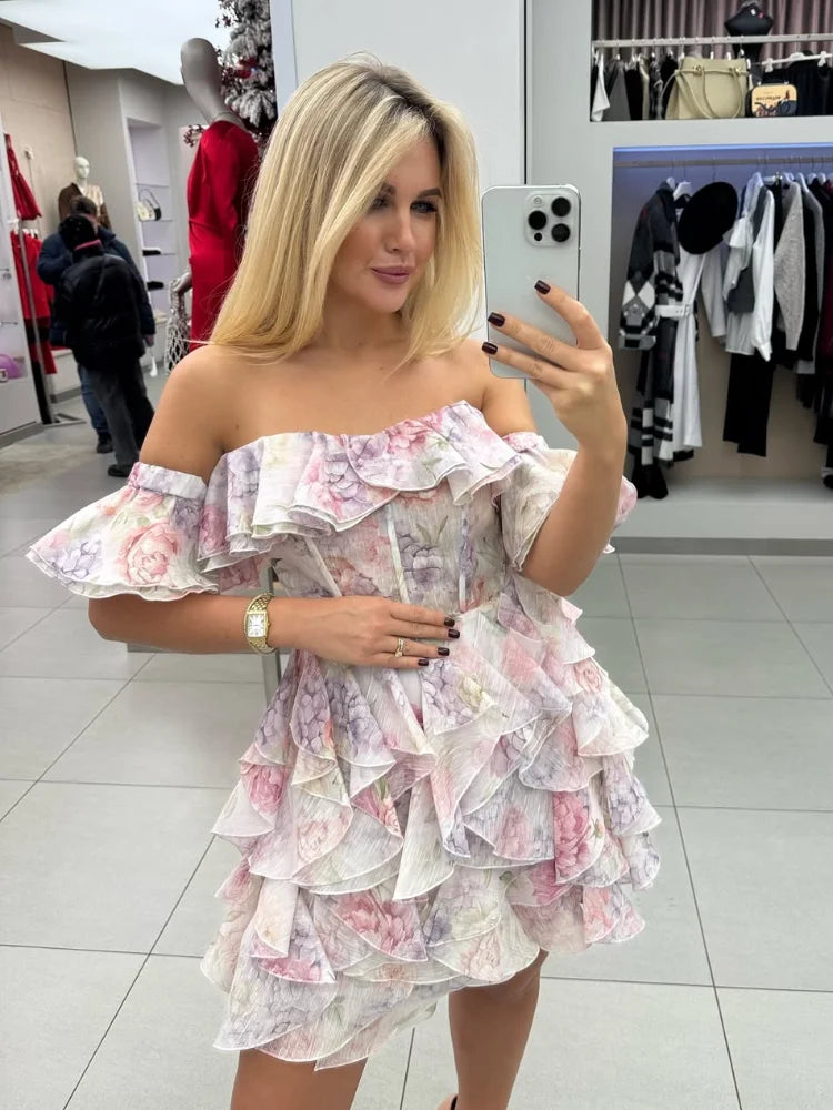 Elegant V-Neck Pleated Dress – High Waist Printed Evening Gown