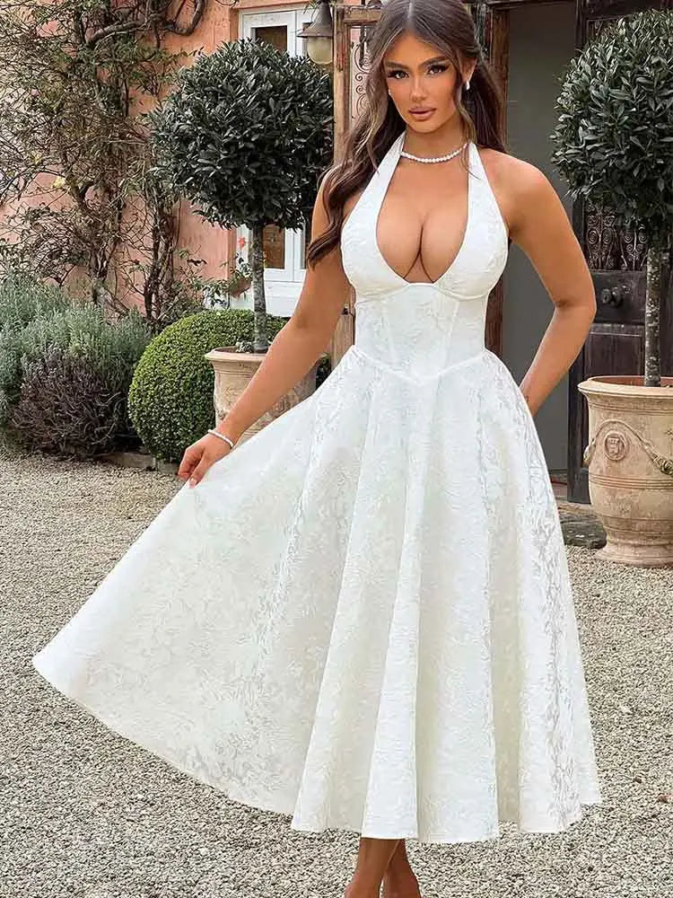 Elegant Bodycon Party Dress – White Jacquard Backless Maxi Dress by NIDANSSI