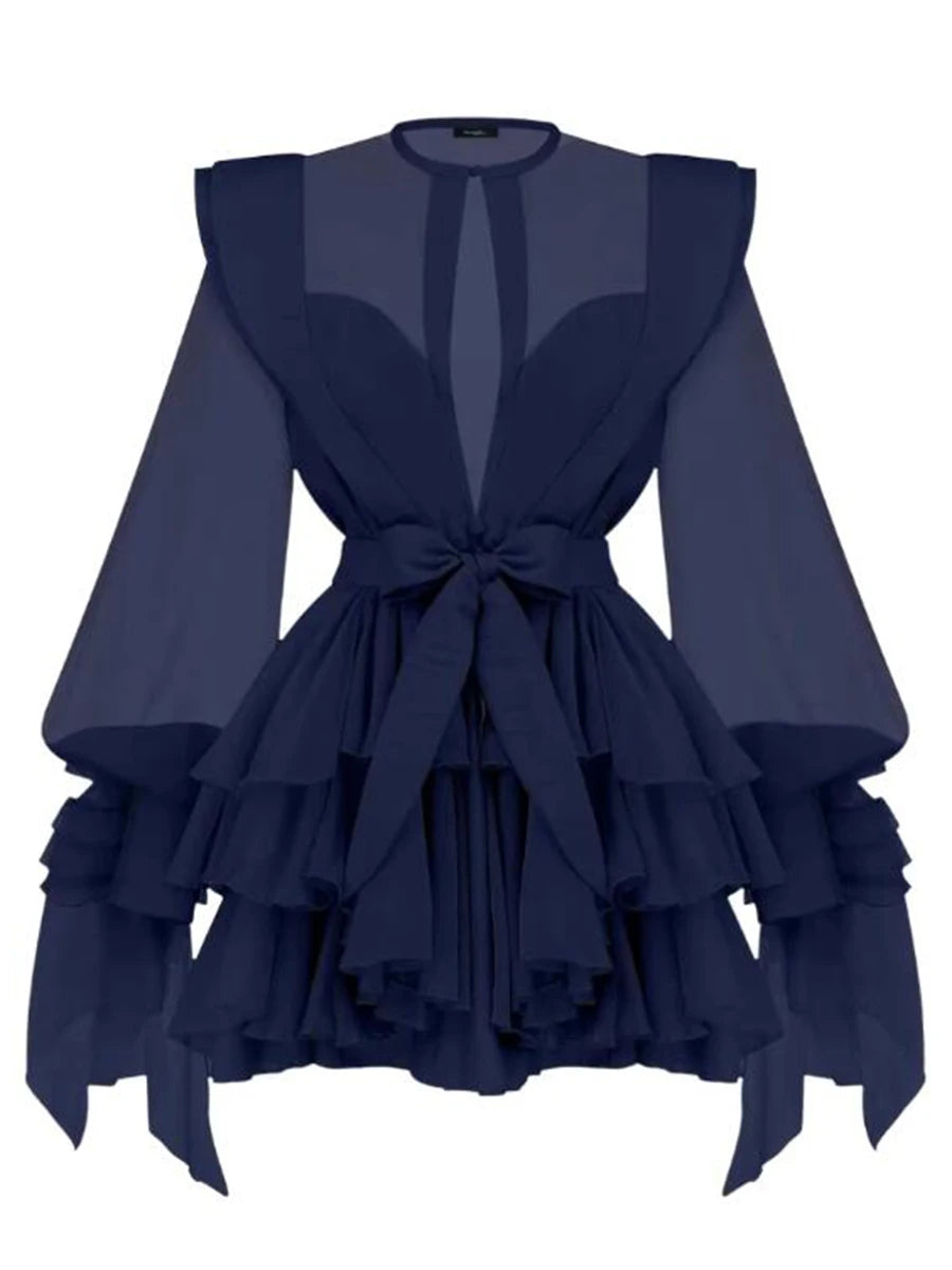 High Waist Solid Spliced Dress with Lace-Up Detail