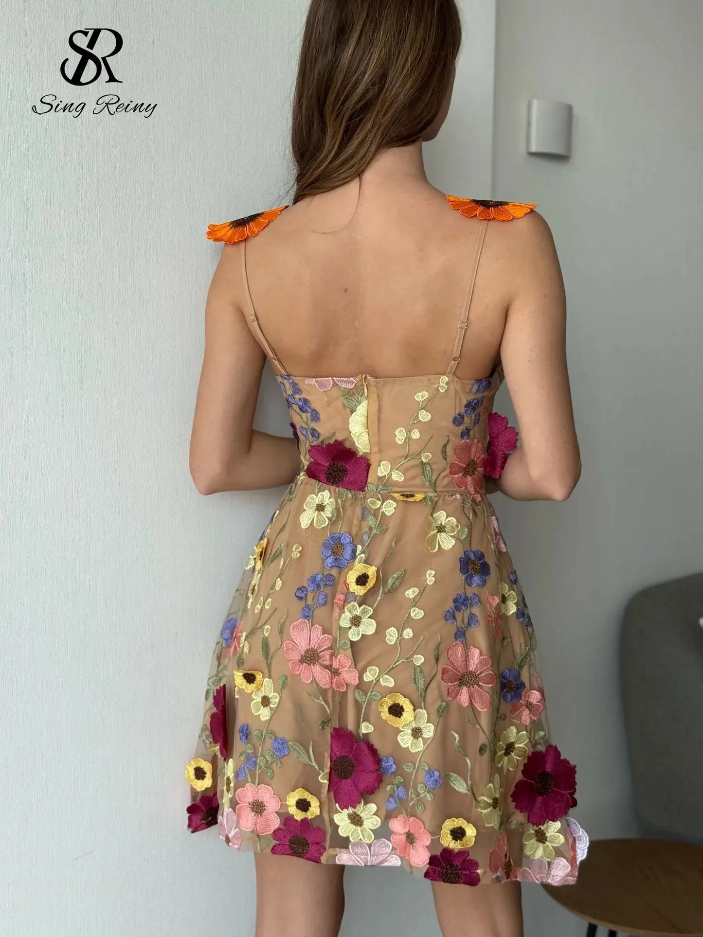Zipper Back 3D Flower Embroidered Short Dress – Chic Sleeveless Look
