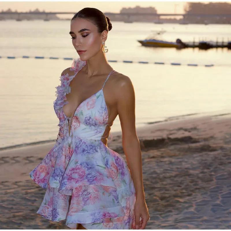 Elegant V-Neck Pleated Dress – High Waist Printed Evening Gown