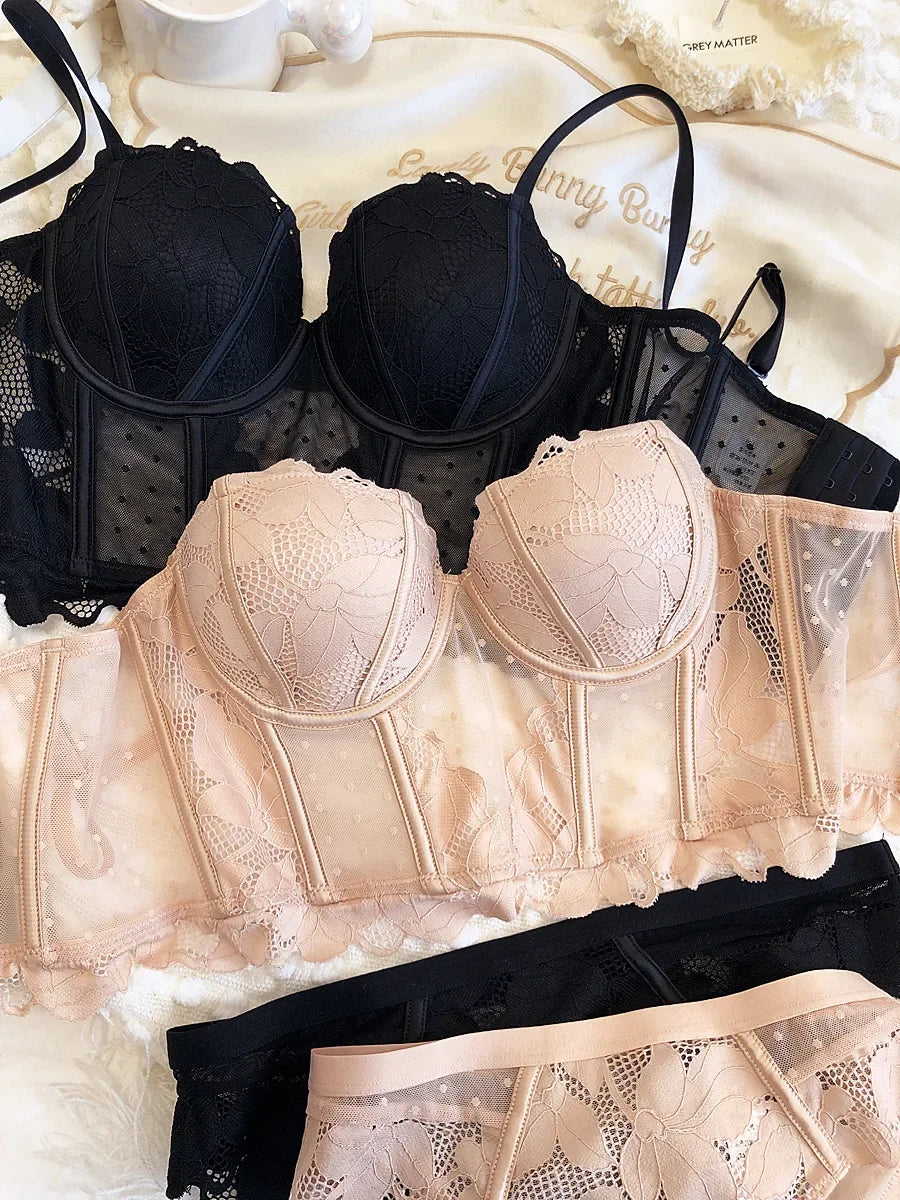 Black Mesh Dot Lace Underwear – 2-Piece Push Up Bra & Panty Set
