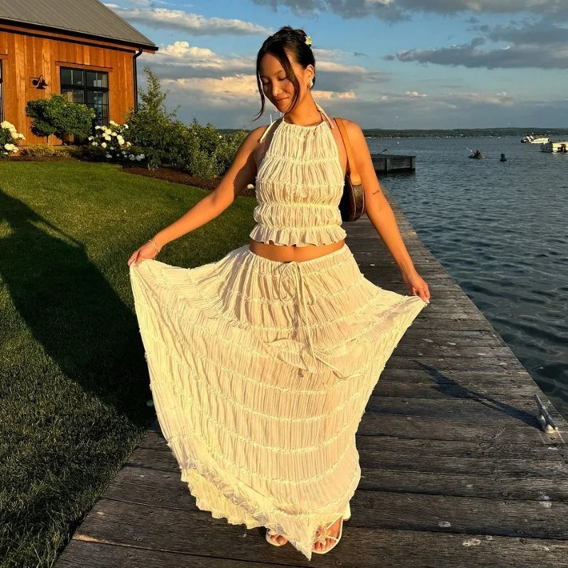 Women's Sexy Folded Vest & Long Skirt Set – Breezy & Beautiful for Summer
