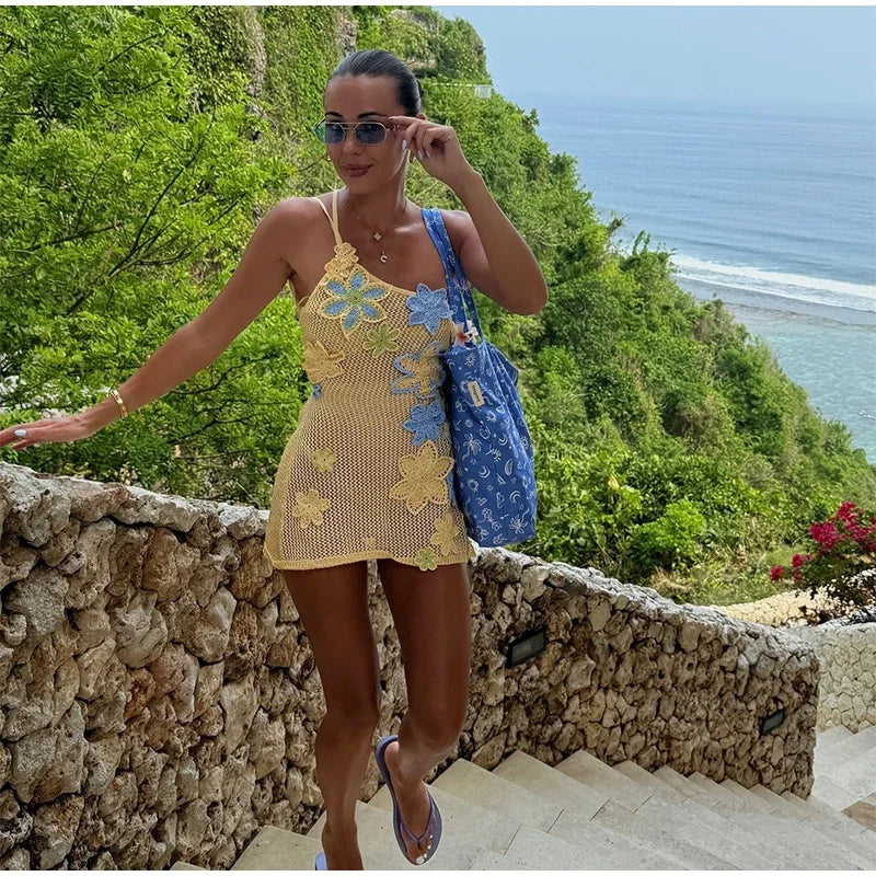 Vibrant Floral Knit Mini Dress – Sexy Hollow Out Beach Outfit