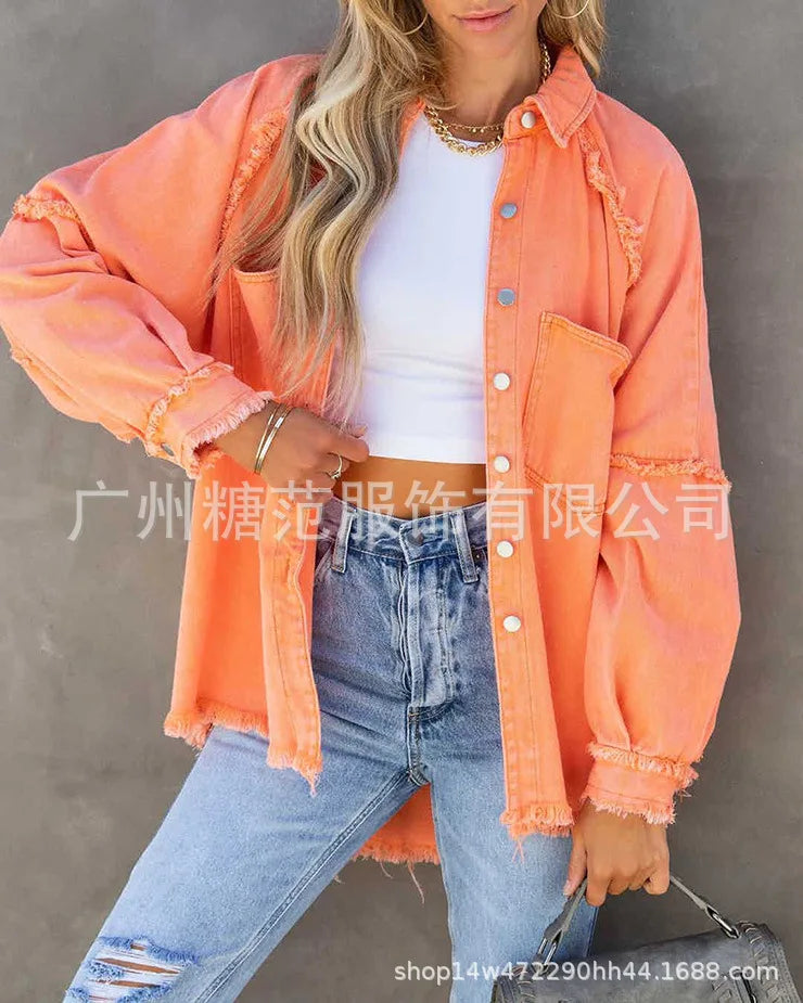 Women’s Vintage Frayed Edge Mid-Length Jean Coat – Colorful Patch Jacket
